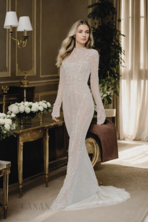 Elegant Mermaid Wedding Dress with High Neckline Long Sleeves Long Train and Open Back in Premium Off-White Sparkling Floral Lace