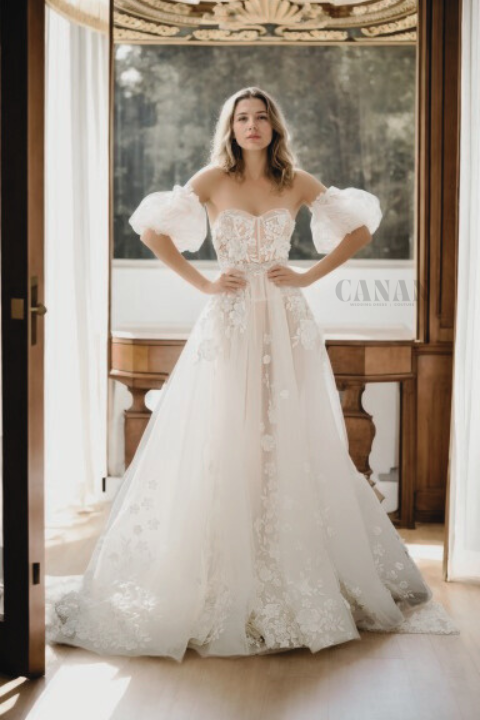 Natural A-Line Wedding Dress with Sweetheart Neckline, Removable Short Sleeves, and Flowing Train in Premium Off-White Floral Lace and Tulle