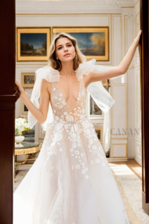 Comfortable A-Line Wedding Dress with Deep V-Neck, Straps, Natural Flowing Train, and Open Back in Premium Off-White Floral Lace and Tulle