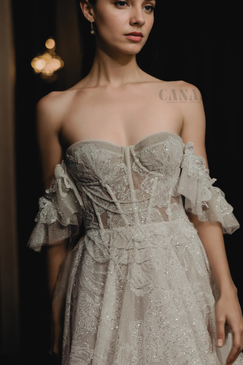 Trendy A-Line Wedding Dress with Heart-Shaped Neckline, Corset, Off-Shoulder Sleeves, and Moderate Flared Traint in Premium Off-White Sparkling Lace