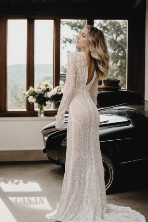 Elegant Mermaid Wedding Dress with High Neckline Long Sleeves Long Train and Open Back in Premium Off-White Sparkling Floral Lace