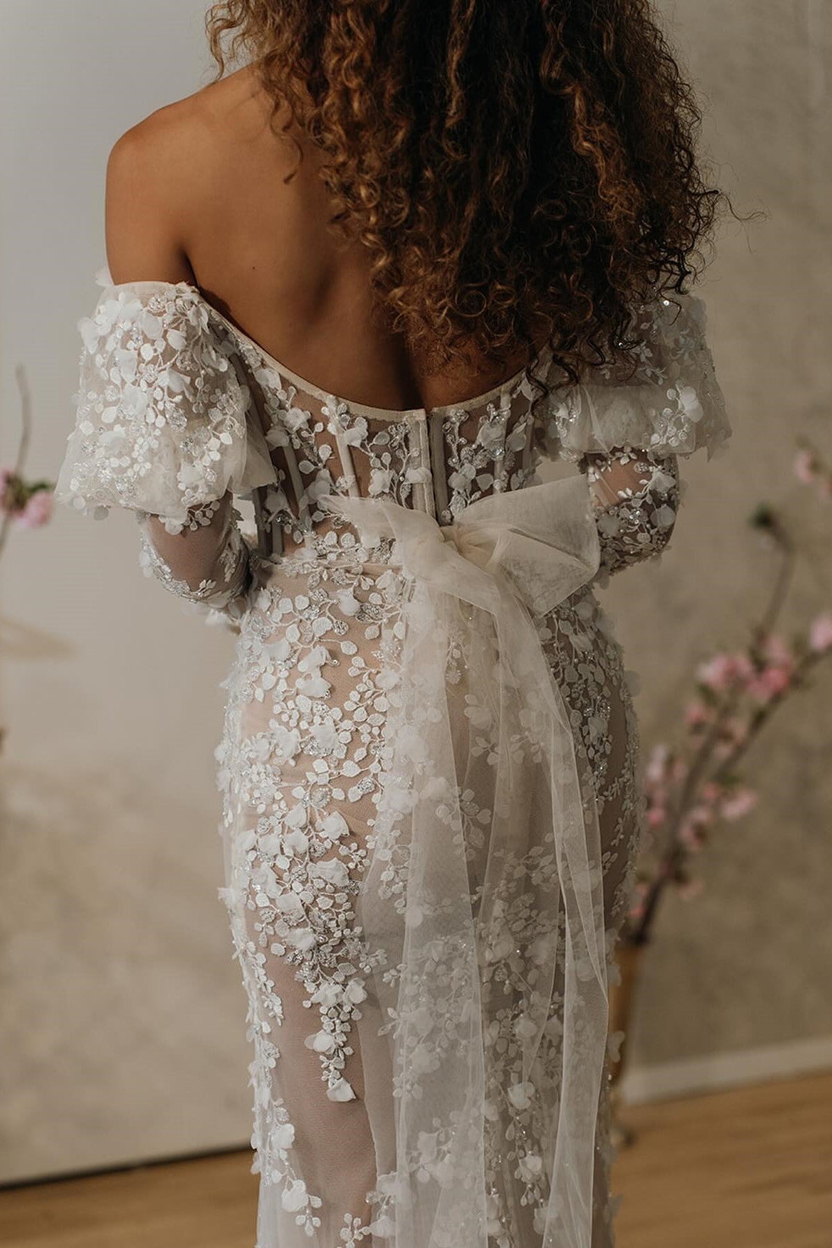 Luxurious and Seductive Sparkling Floral Lace Mermaid Corset Wedding Dress with Sexy Long Off-the-Shoulder Sleeves - Custom Bridal Gown