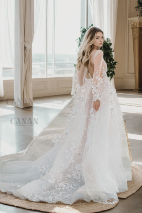 Elegant A-Line Wedding Dress with Deep V-Neck, Long Sleeves, Lightly Puff Train, and Sheer Back in Soft Ivory Floral Lace