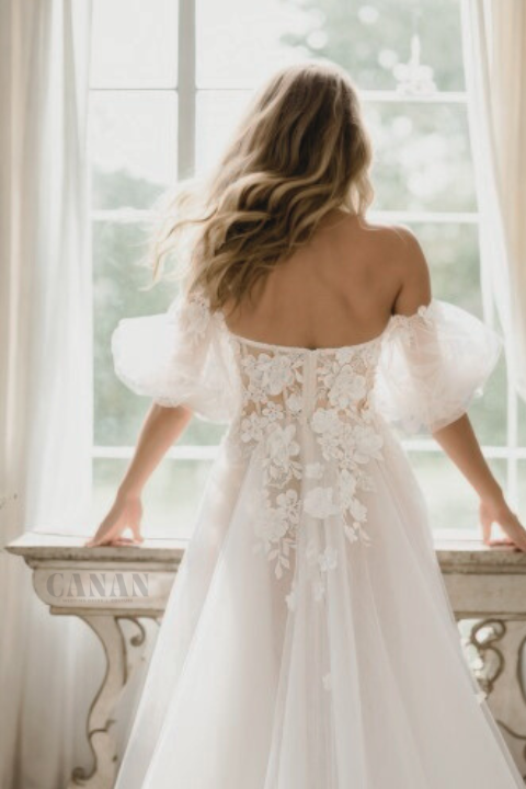 Natural A-Line Wedding Dress with Sweetheart Neckline, Removable Short Sleeves, and Flowing Train in Premium Off-White Floral Lace and Tulle