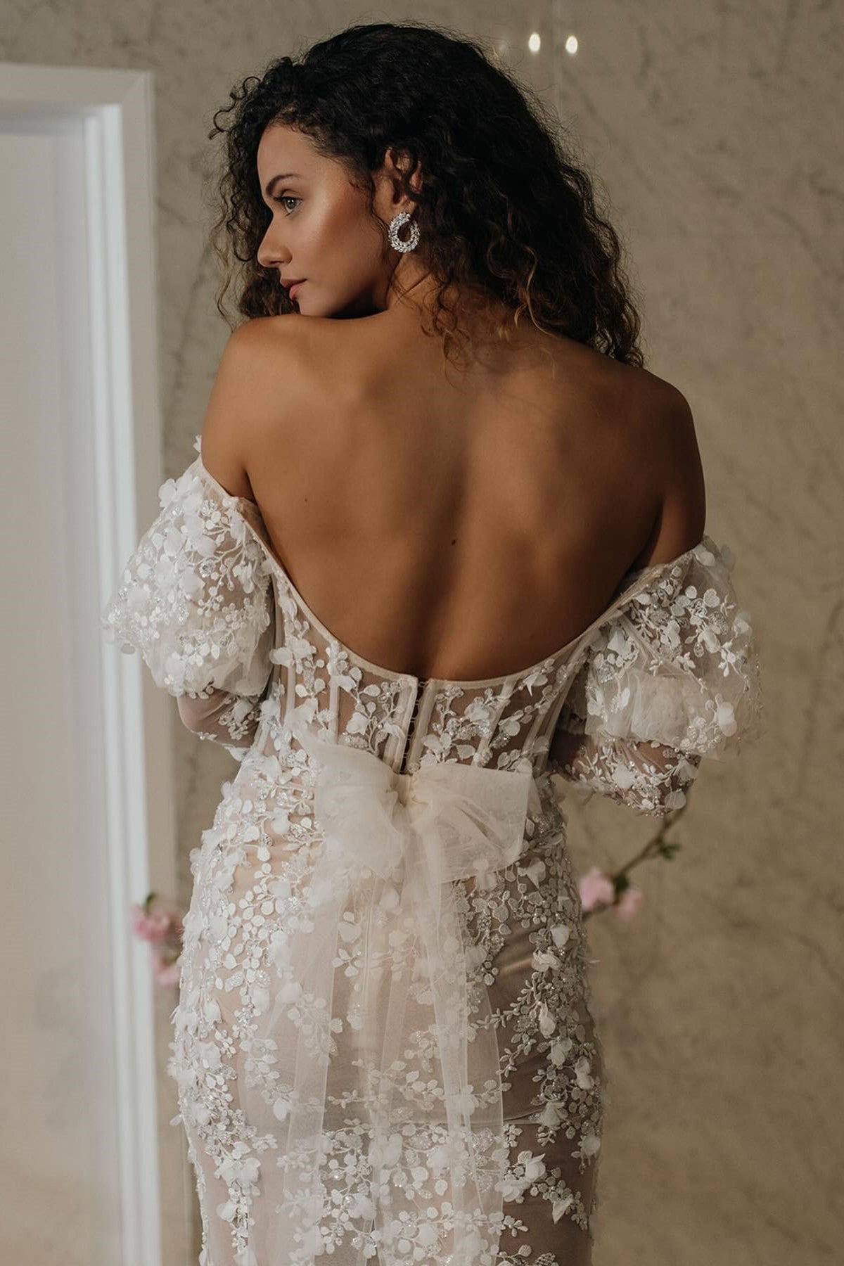 Luxurious and Seductive Sparkling Floral Lace Mermaid Corset Wedding Dress with Sexy Long Off-the-Shoulder Sleeves - Custom Bridal Gown