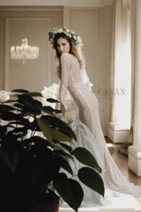 Elegant Mermaid Wedding Dress with High Neckline Long Sleeves Long Train and Open Back in Premium Off-White Sparkling Floral Lace