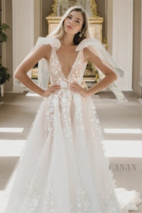 Comfortable A-Line Wedding Dress with Deep V-Neck, Straps, Natural Flowing Train, and Open Back in Premium Off-White Floral Lace and Tulle