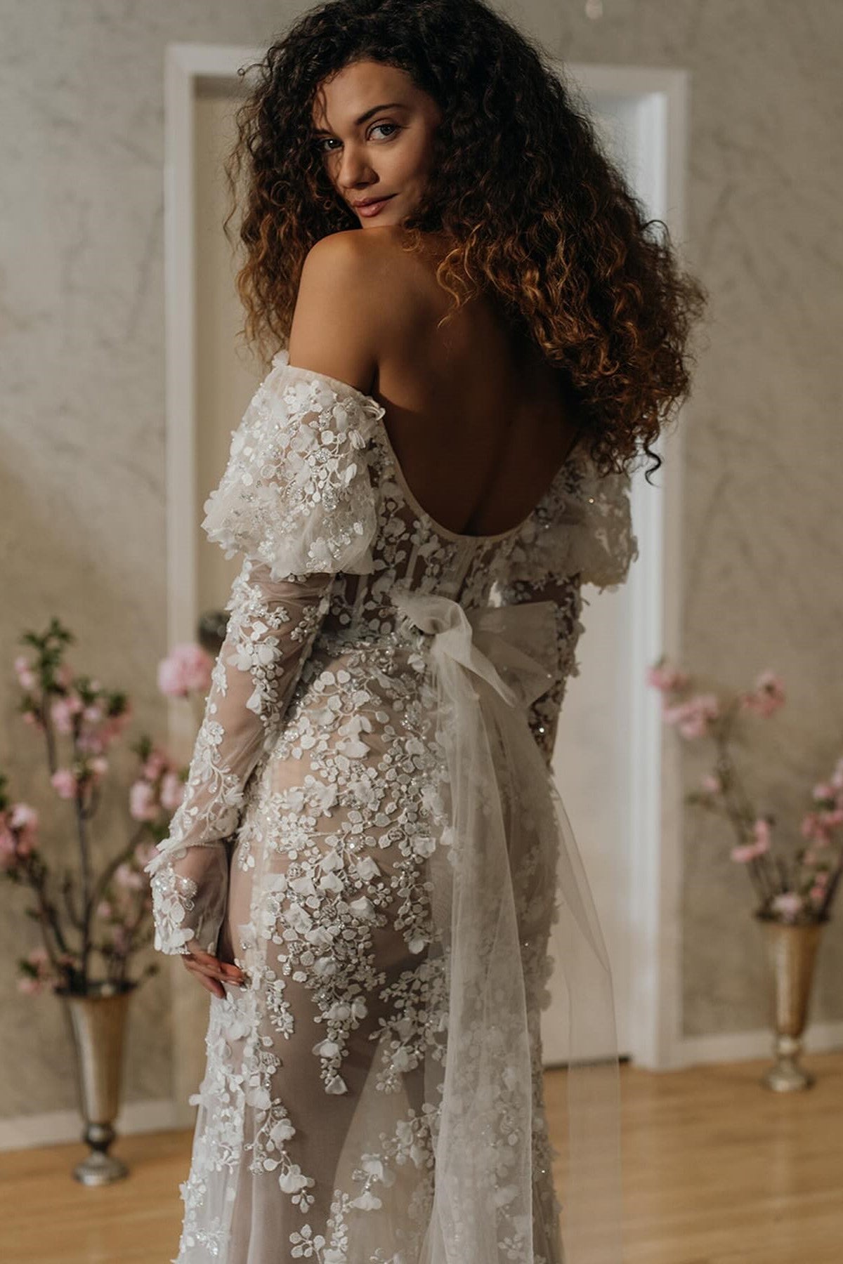 Luxurious and Seductive Sparkling Floral Lace Mermaid Corset Wedding Dress with Sexy Long Off-the-Shoulder Sleeves - Custom Bridal Gown