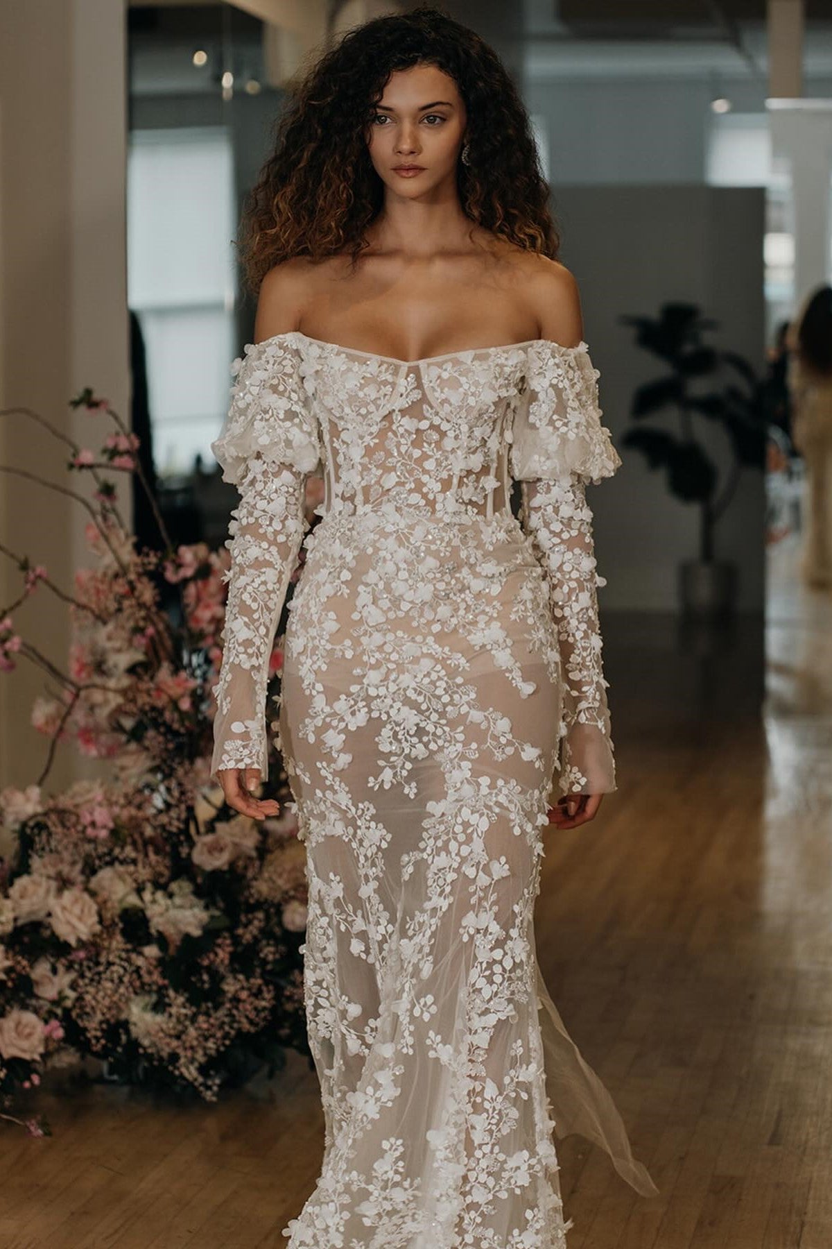 Luxurious and Seductive Sparkling Floral Lace Mermaid Corset Wedding Dress with Sexy Long Off-the-Shoulder Sleeves - Custom Bridal Gown