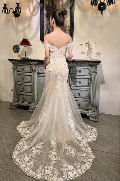 Letitia - Off-Shoulder Mermaid Corset Wedding Dress with Delicate Floral Lace