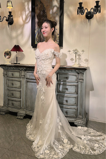 Letitia - Off-Shoulder Mermaid Corset Wedding Dress with Delicate Floral Lace