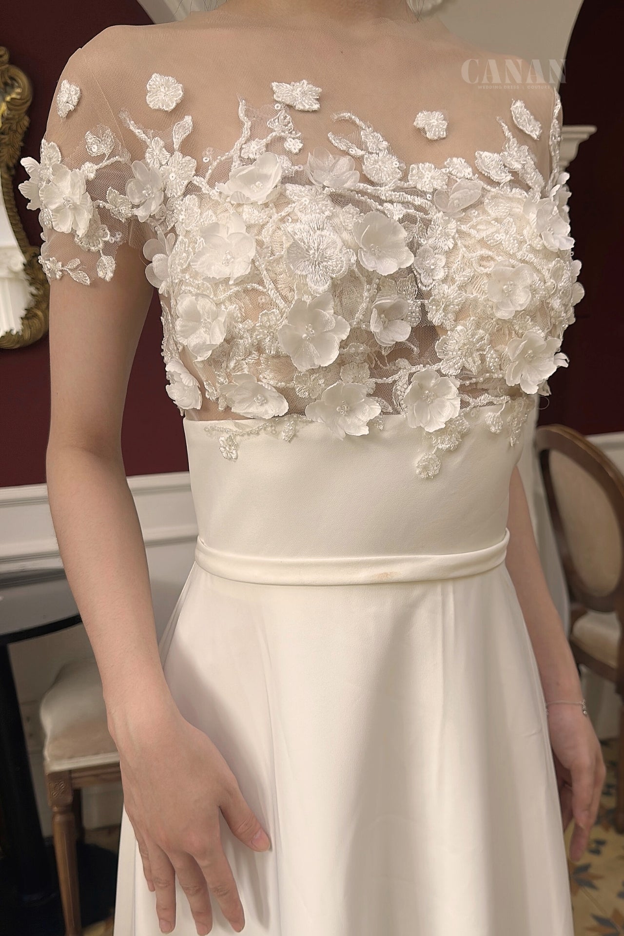 Sheath Wedding Dress Featuring Soft Satin and Stunning 3D Flower Lace Embellishments