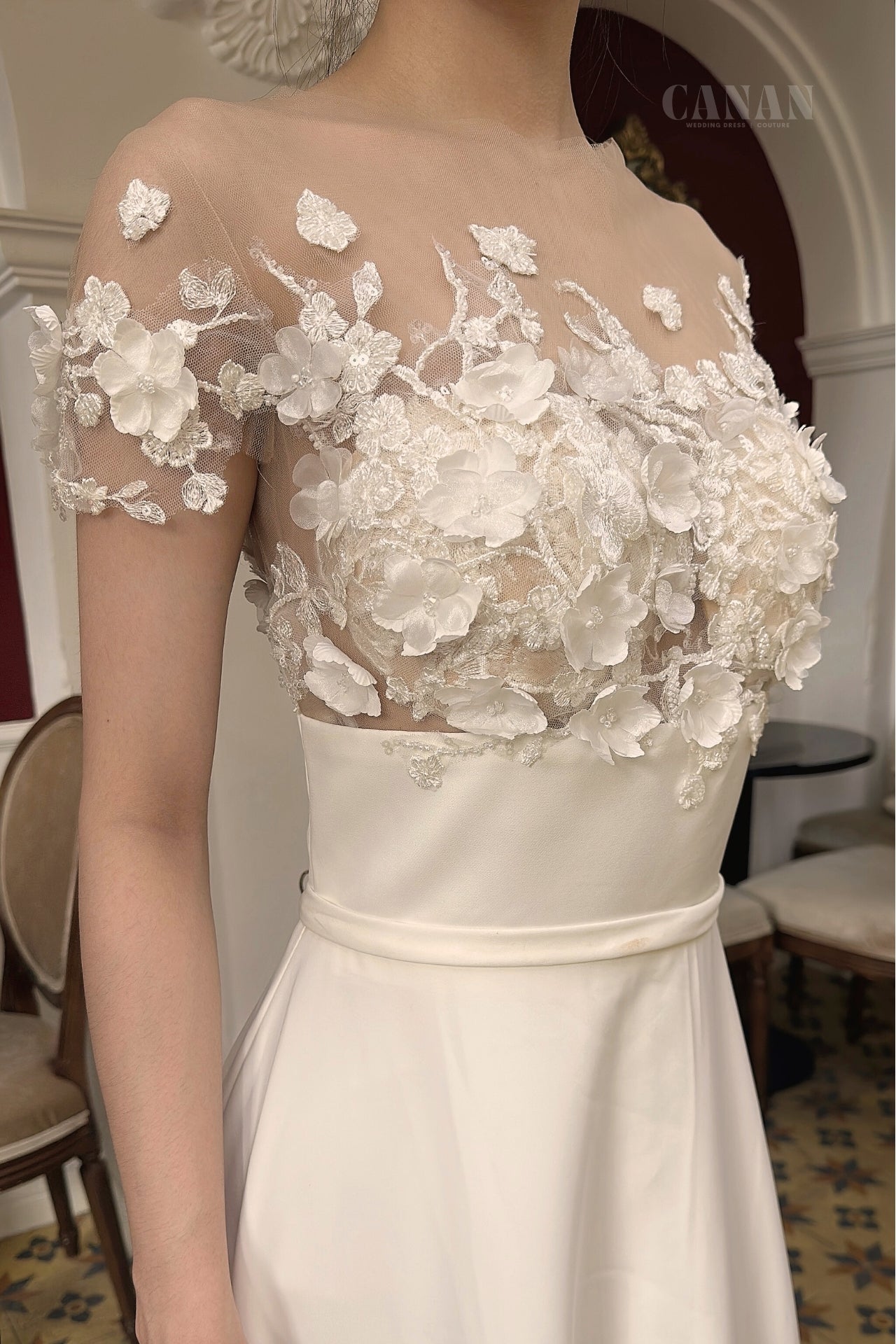 Ella - Sheath Wedding Dress Featuring Soft Satin and Stunning 3D Flower Lace Embellishments