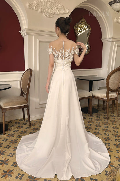 Ella - Sheath Wedding Dress Featuring Soft Satin and Stunning 3D Flower Lace Embellishments