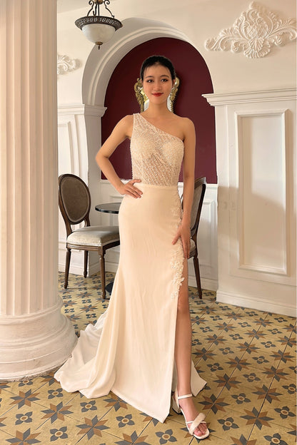 One Shoulder Mermaid Wedding Dress with Sexy Leg Slit , Sexy Mermaid Wedding Dress