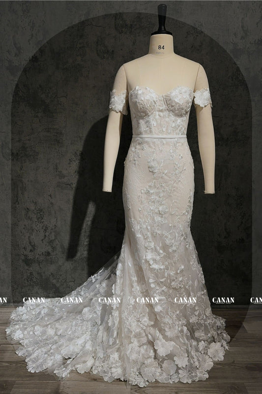 Luxurious Mermaid Wedding Dress, Corset wedding dress with 3D Floral Lace