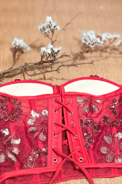 Radiant Red Lace Corset: Handcrafted Floral Elegance
