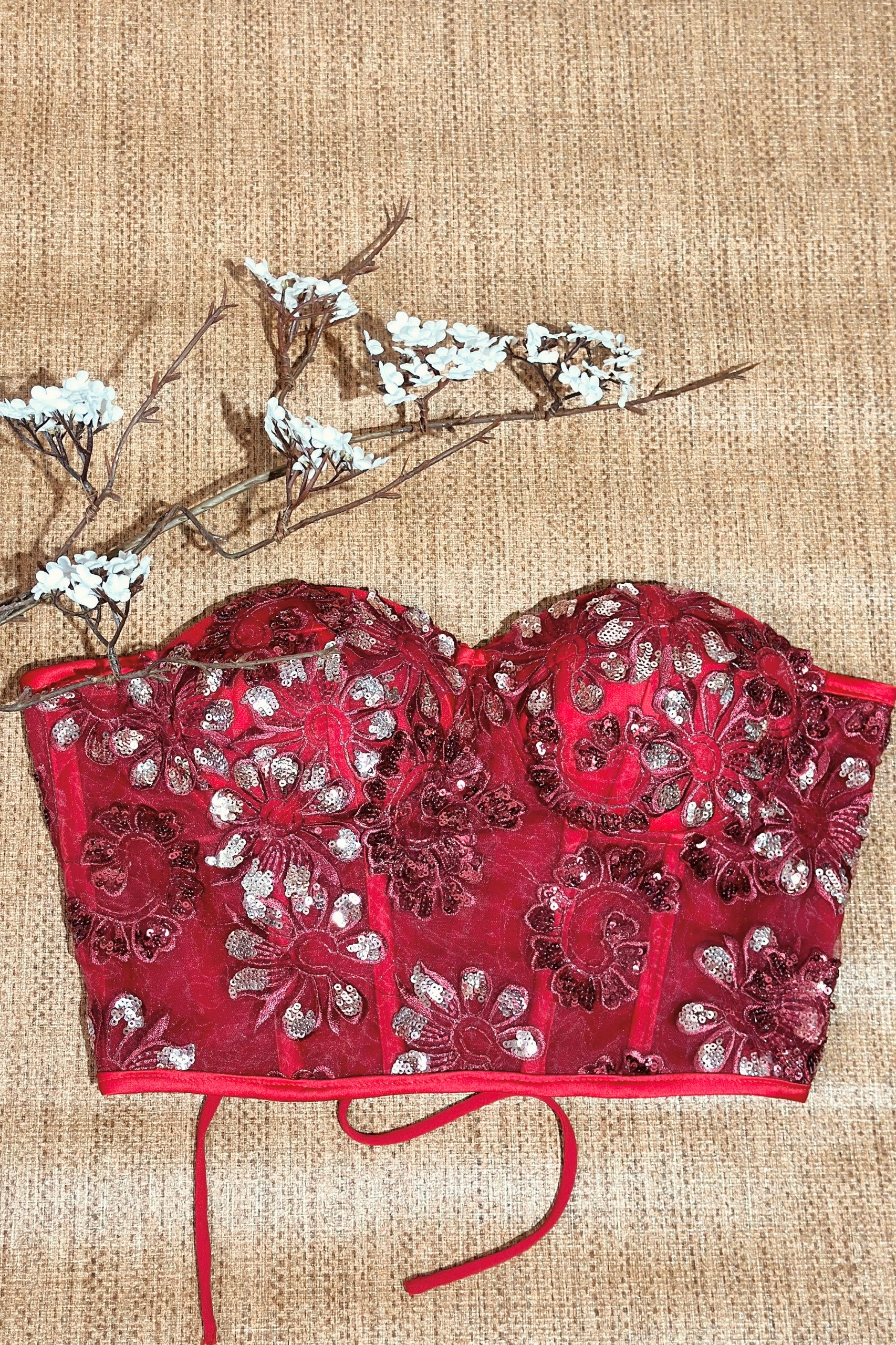 Radiant Red Lace Corset: Handcrafted Floral Elegance