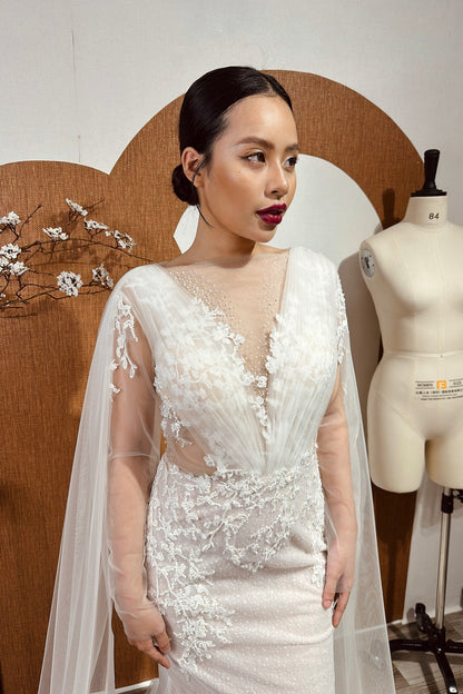 Calista - Long Sleeve Mermaid Wedding Dress Featuring Gleaming Floral Lace and Impeccable Craftsmanship
