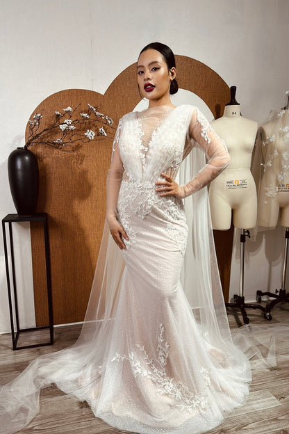 Calista - Long Sleeve Mermaid Wedding Dress Featuring Gleaming Floral Lace and Impeccable Craftsmanship