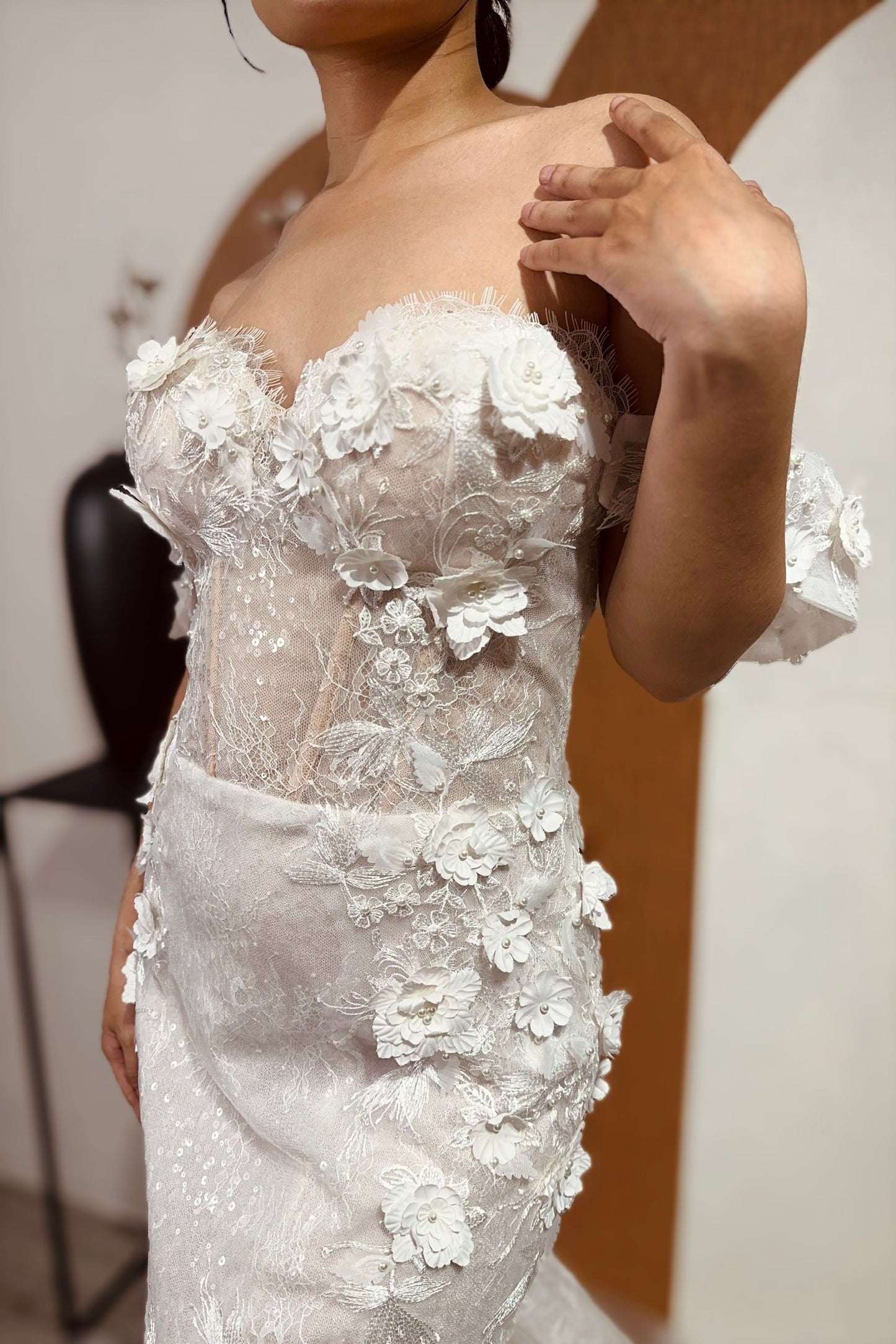 Genevieve - Corset Mermaid Wedding Dress: 3D Flower Lace, Off-Shoulder Elegance