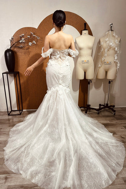 Genevieve - Corset Mermaid Wedding Dress: 3D Flower Lace, Off-Shoulder Elegance