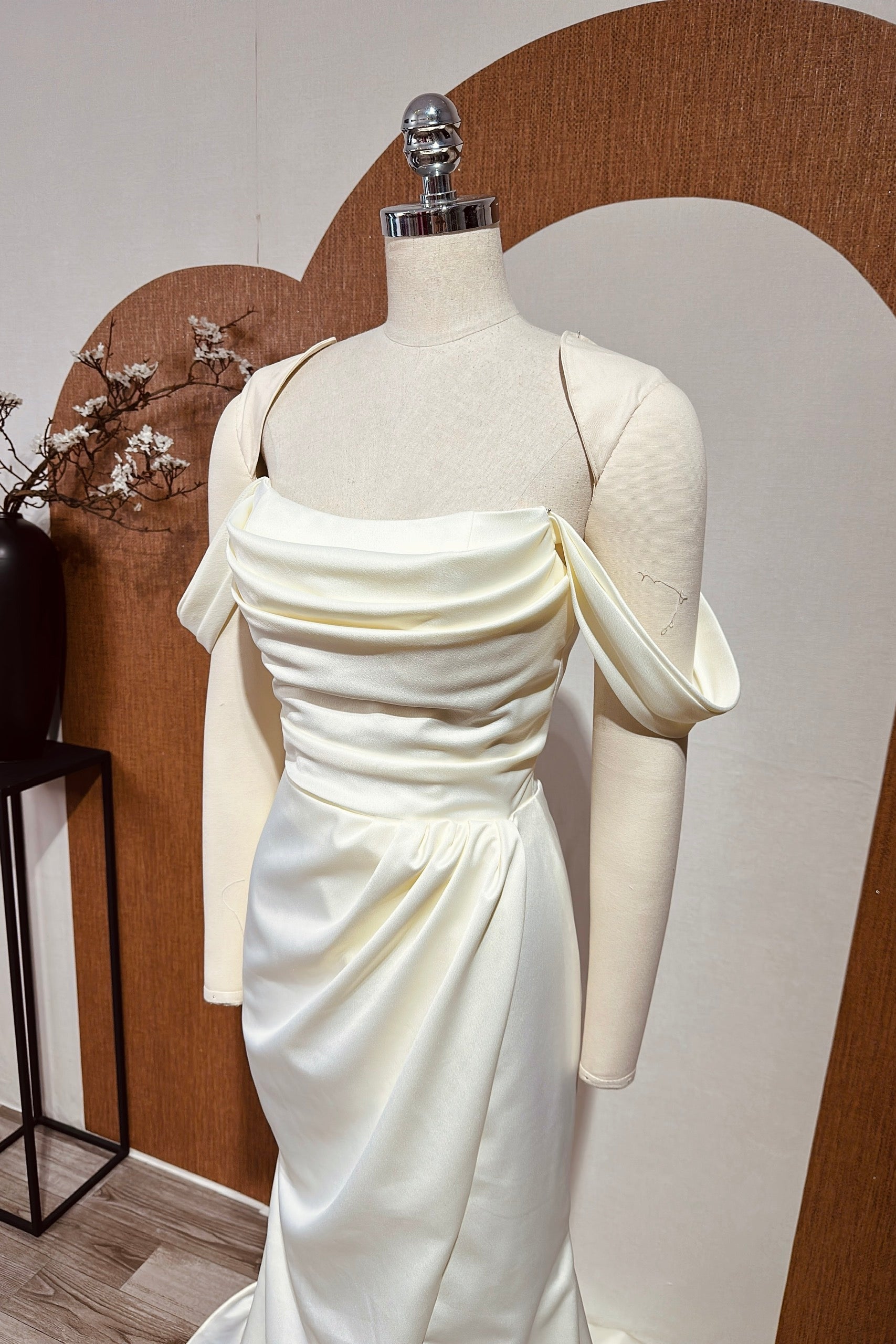 Satin Mermaid Wedding Dress , Minimalist corset Wedding Dress With Off Shoulder Neckline