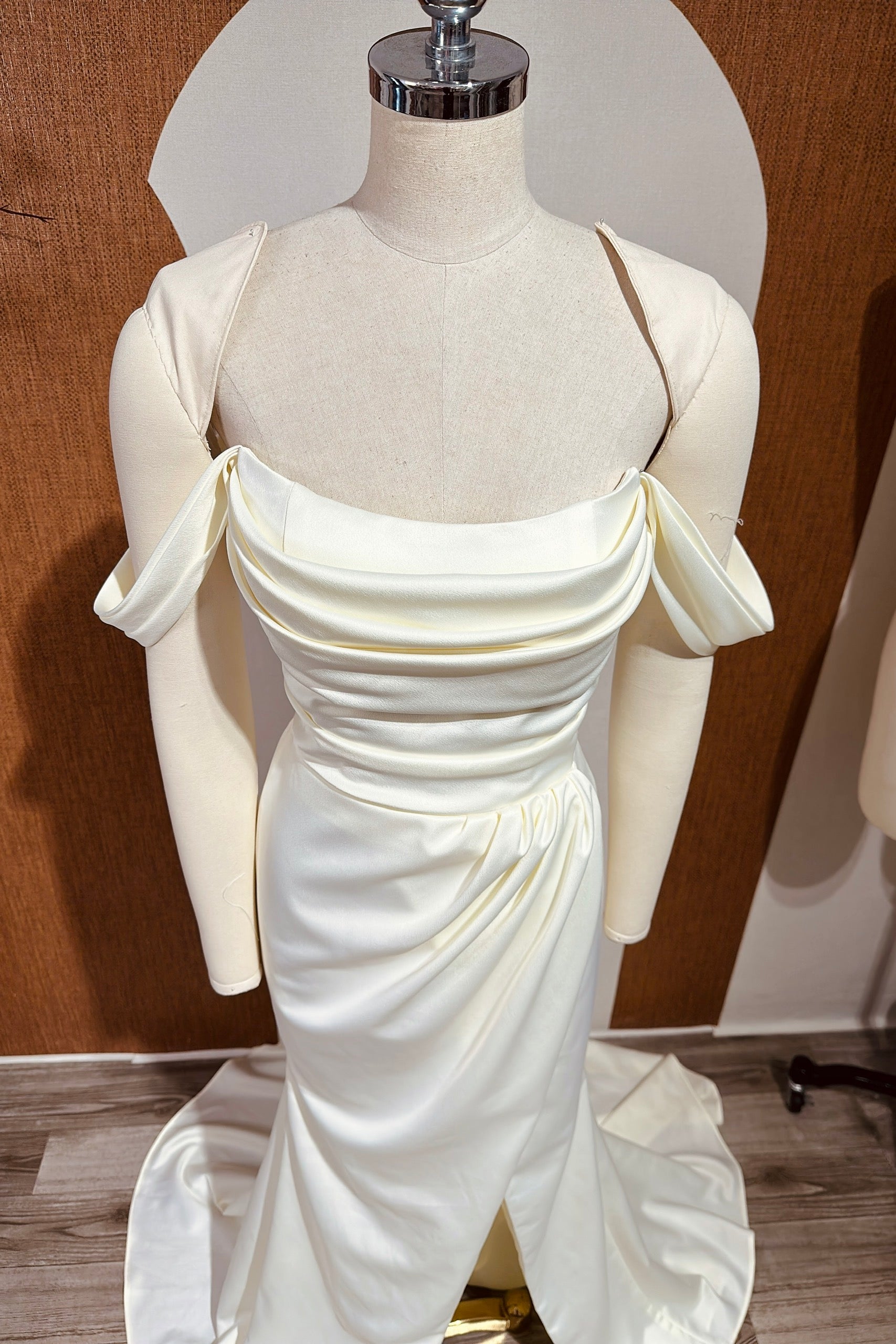 Satin Mermaid Wedding Dress , Minimalist corset Wedding Dress With Off Shoulder Neckline