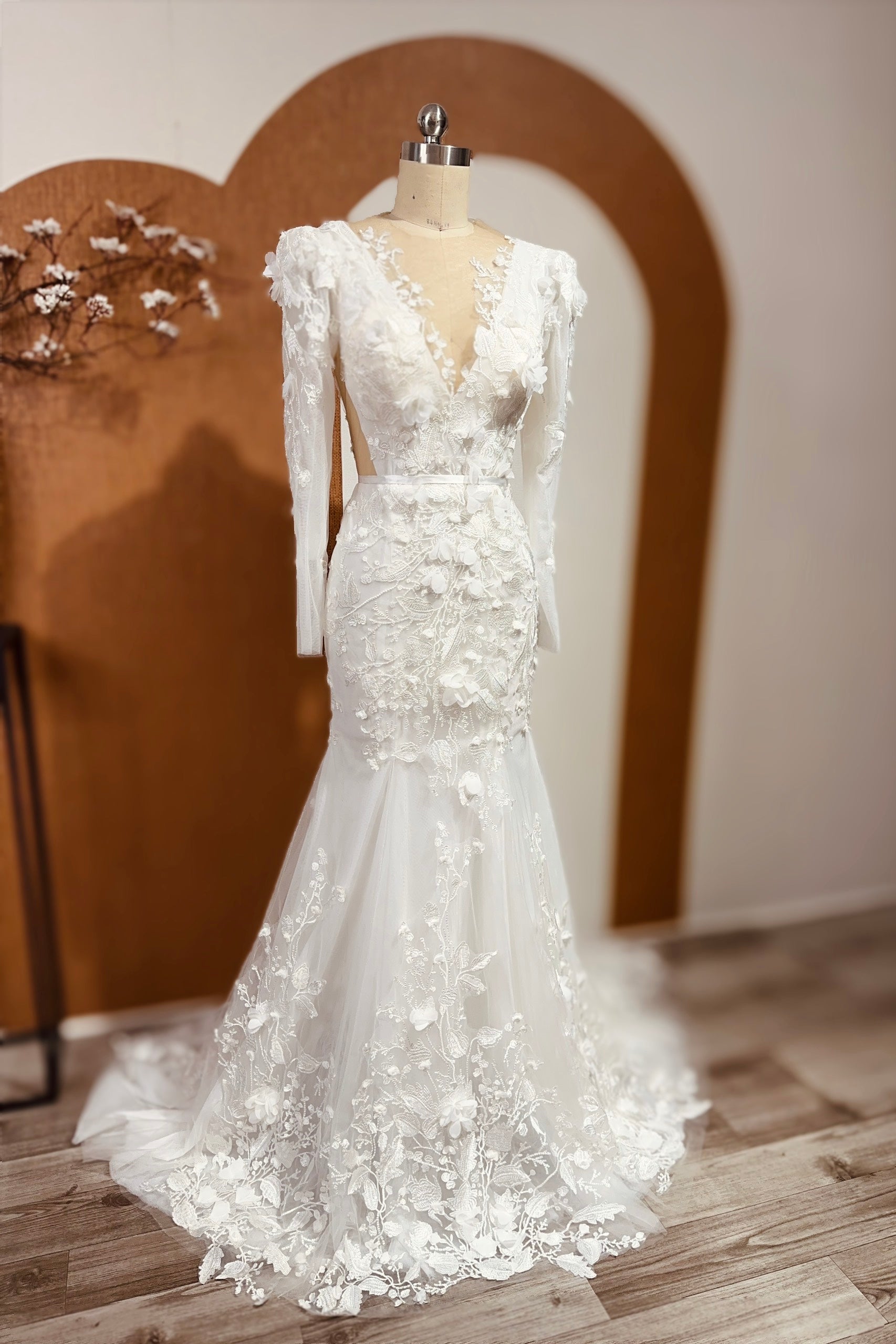 Long Sleeves Mermaid Wedding Gown with Deep V-Neckline and Open Back , Floral Lace Wedding Dress