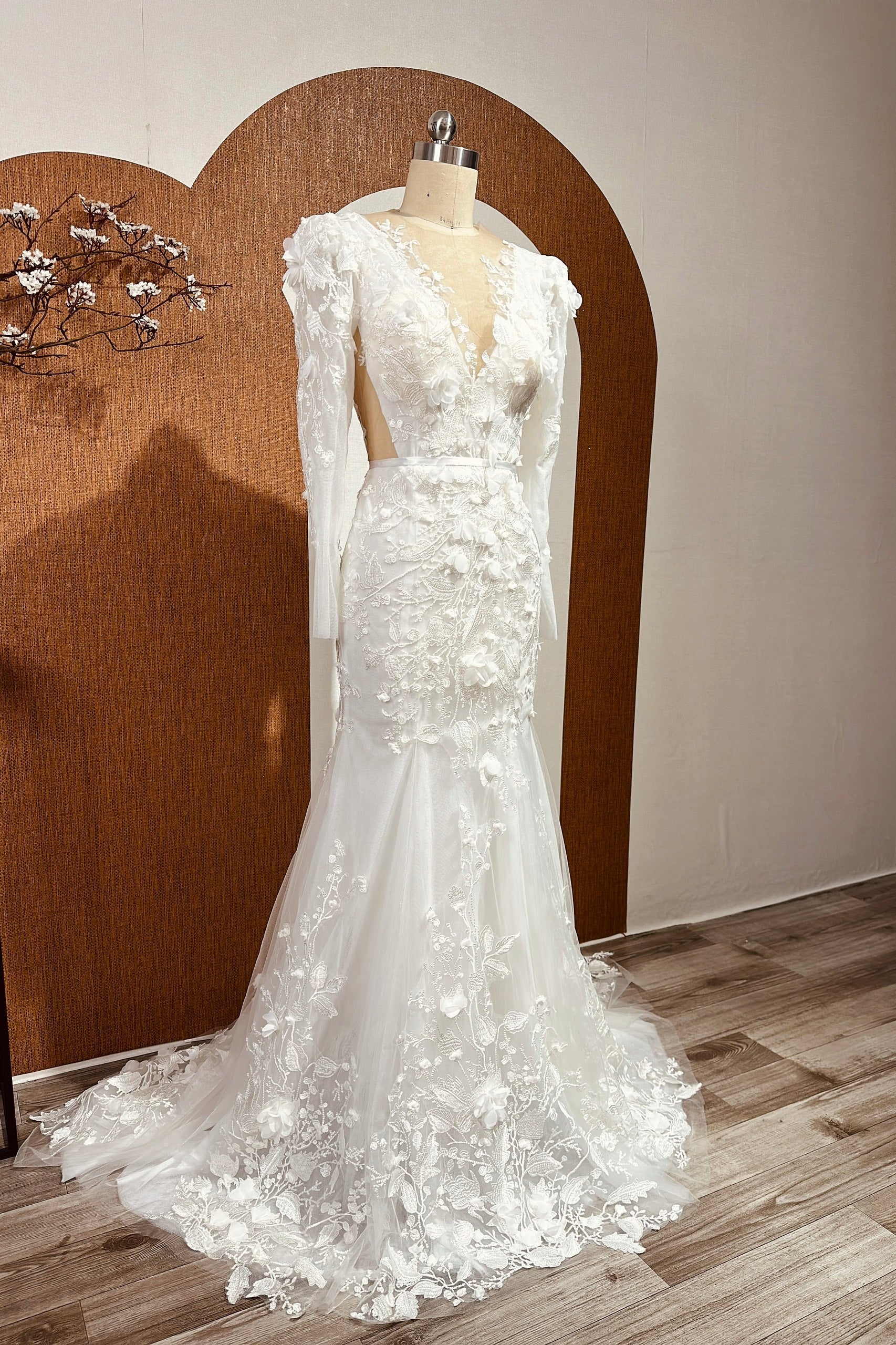 Long Sleeves Mermaid Wedding Gown with Deep V-Neckline and Open Back , Floral Lace Wedding Dress