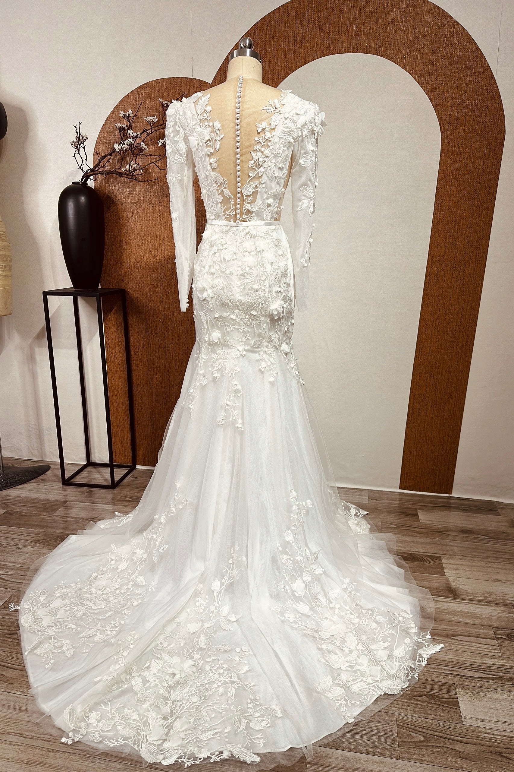 Long Sleeves Mermaid Wedding Gown with Deep V-Neckline and Open Back , Floral Lace Wedding Dress