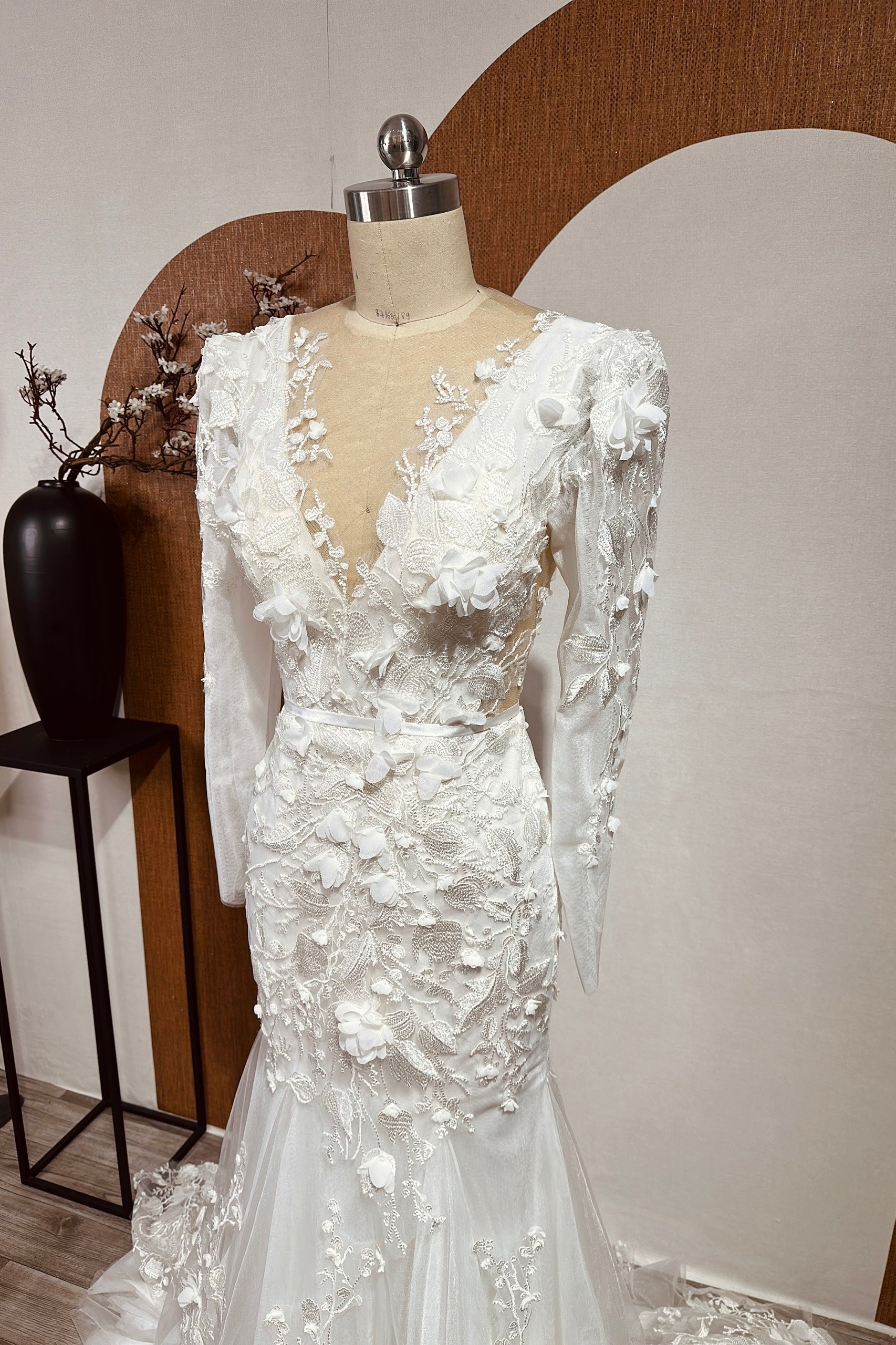 Long Sleeves Mermaid Wedding Gown with Deep V-Neckline and Open Back , Floral Lace Wedding Dress