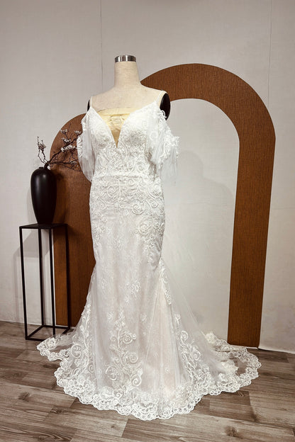 Tegan - Custom wedding dress ,Sexy mermaid wedding dress ,Off the shoulder corset wedding dress,Floral lace wedding dress ,White tulle wedding dress