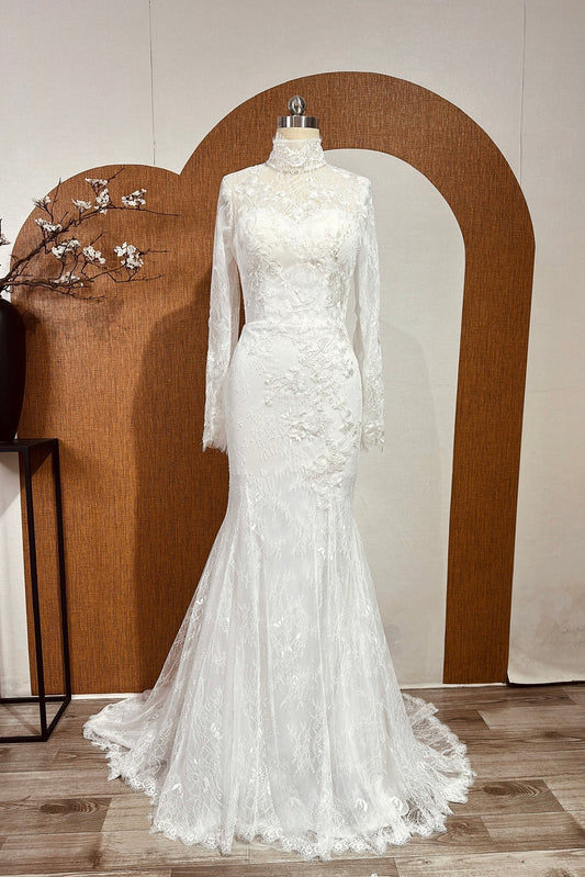 Mermaid Long Sleeve Lace Wedding Gown, Customized to Bride's Specifications