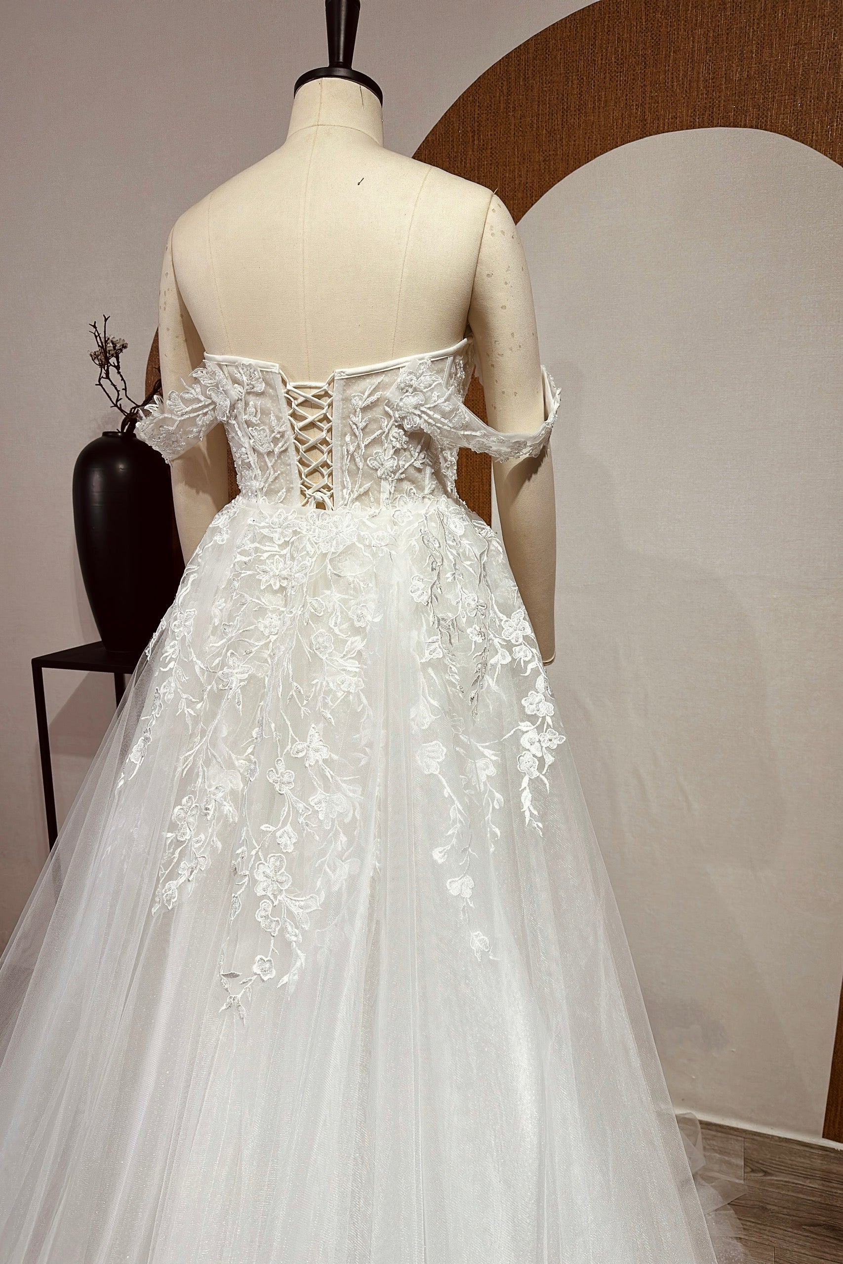 A-Line Corset Wedding Gown, Off-Shoulder Lace Floral Wedding Dress