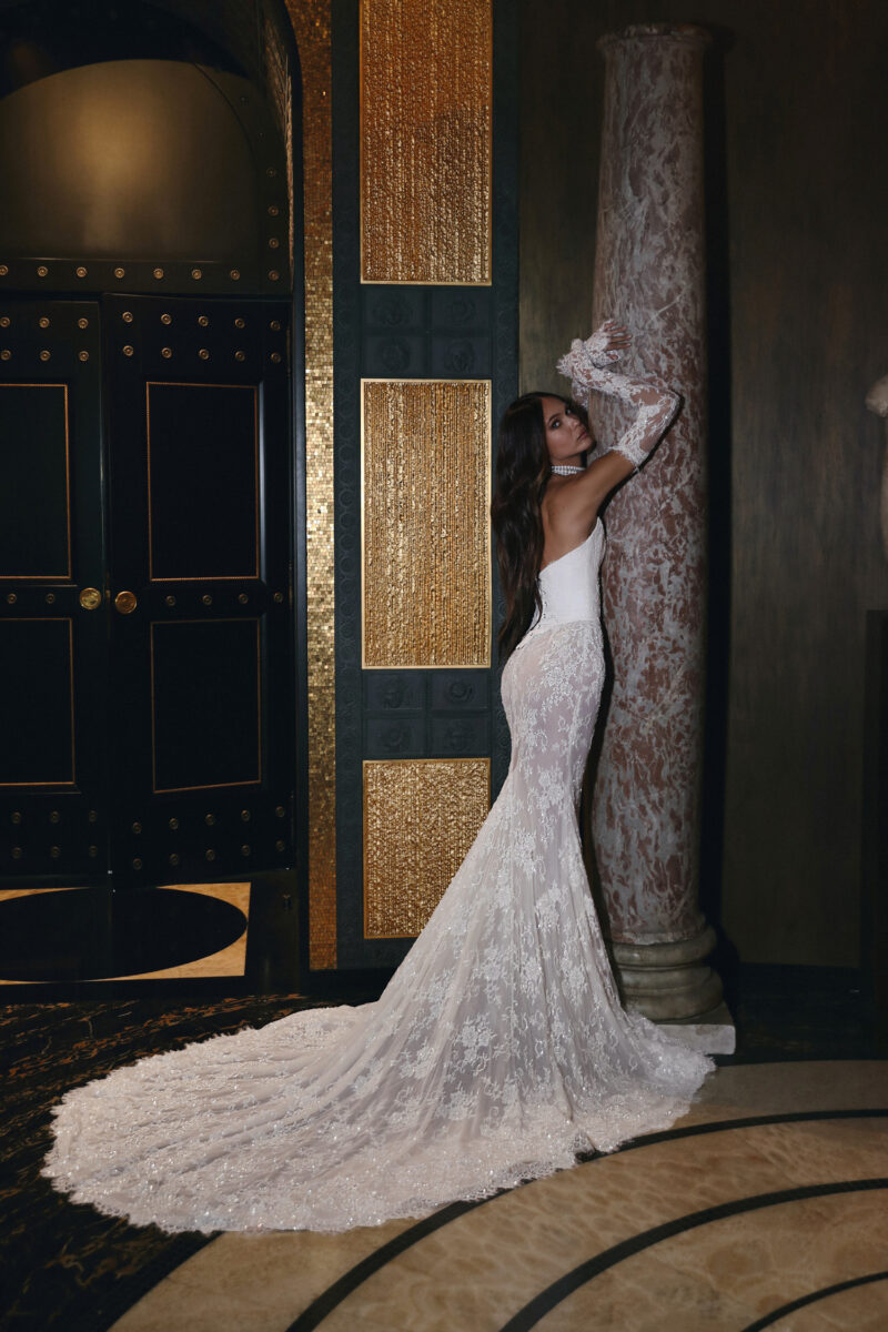 Back of lace mermaid wedding dress with train