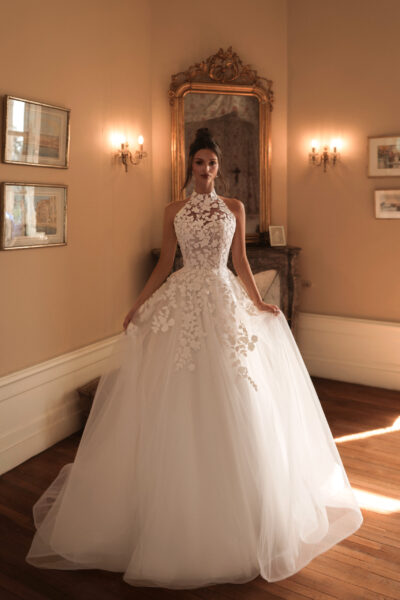 3D floral lace halter ball gown wedding dress with illusion neckline