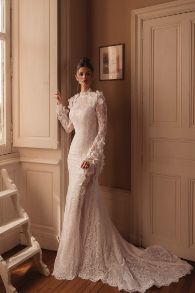 3D floral lace high neck long sleeve wedding dress with sheath silhouette