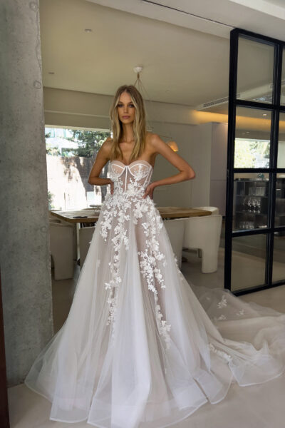 Tulle ball gown with 3D floral appliqués and sheer corset