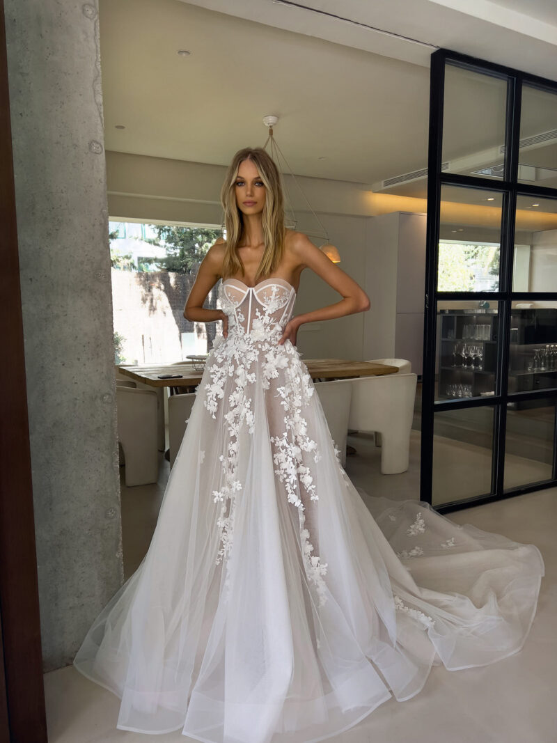 Tulle ball gown with 3D floral appliqués and sheer corset