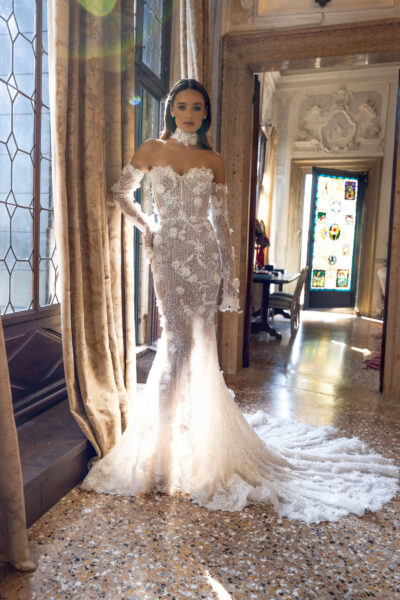 3D lace mermaid wedding dress with sheer corset and sparkle train