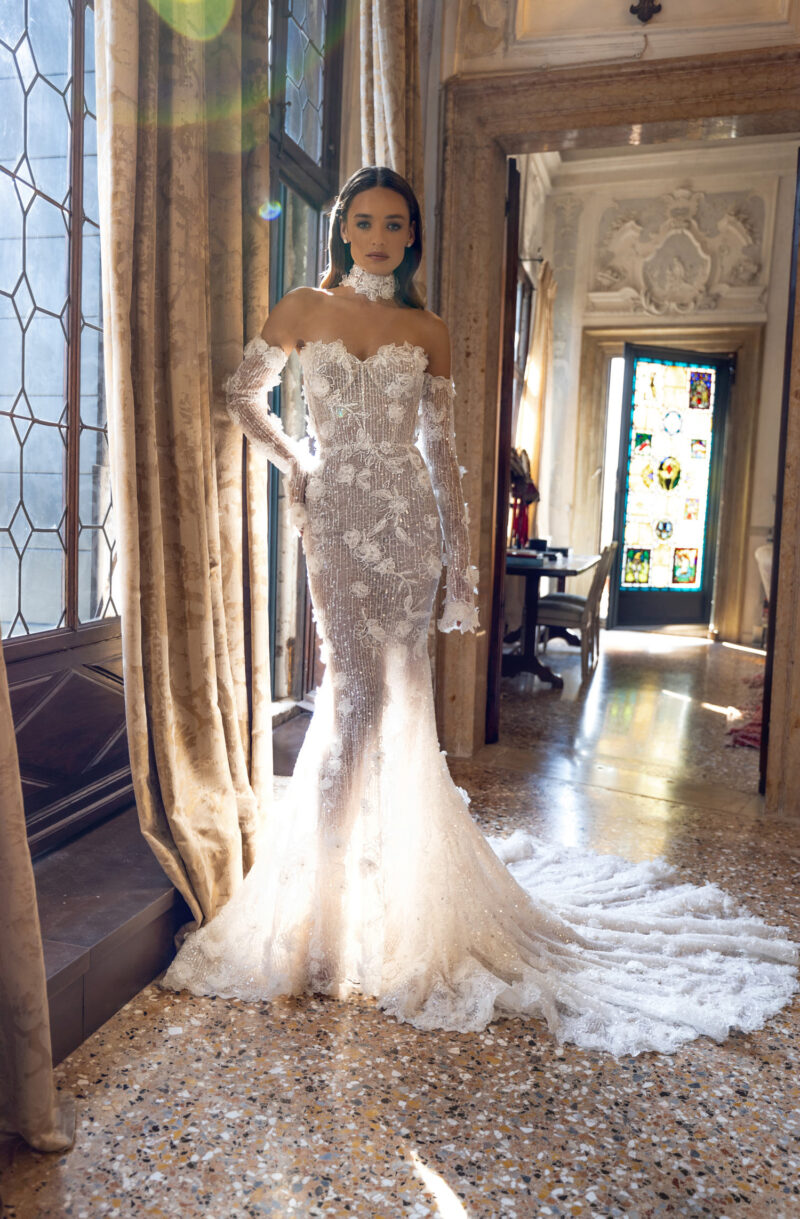 3D lace mermaid wedding dress with sheer corset and sparkle train