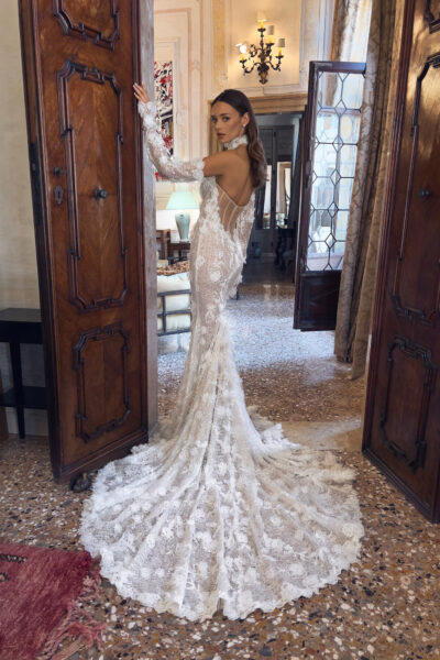 Mermaid gown back view with illusion corset and floral train