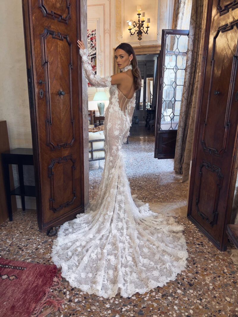 Mermaid gown back view with illusion corset and floral train