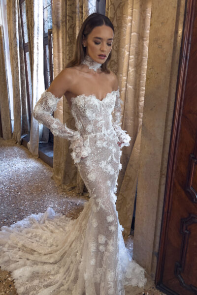 3D floral lace and sequin detail on wedding gown