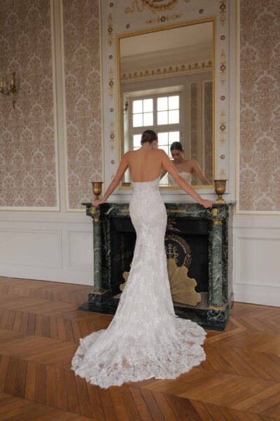 lace mermaid wedding dress back view with cathedral train