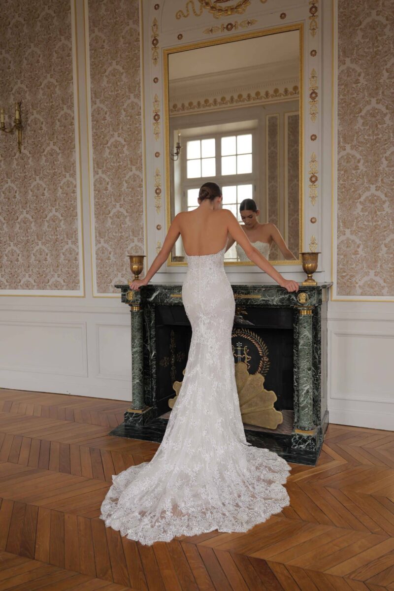 lace mermaid wedding dress back view with cathedral train