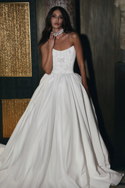 Satin ball gown wedding dress with embroidered corset