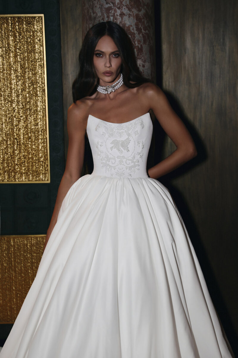 Close-up of satin corset bodice with embroidery