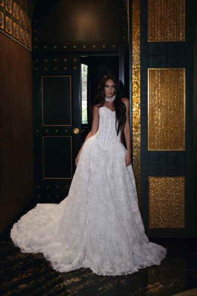 Lace ball gown wedding dress with corset front